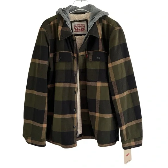 Levi’s Green Plaid Cotton Shirt Jacket With Hoodie Medium